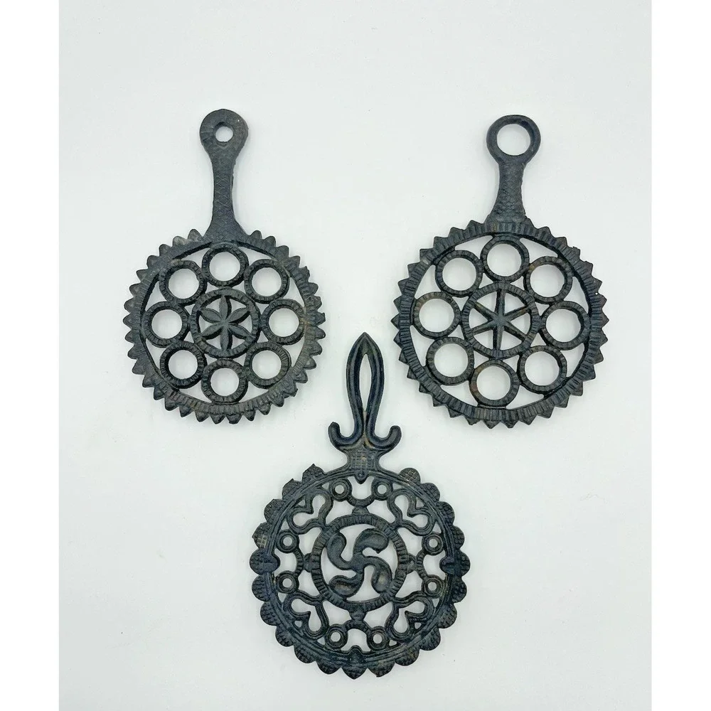 Vintage MCM  Set of 3 Black Cast Iron Trivets Wall Hangings Round Stars